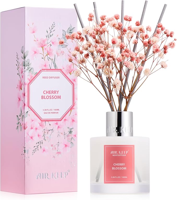 Reed Diffuser Set, 3.38 fl oz (100 ml) - Cherry Blossom Oil Diffusers with 8 Reed Sticks, Home Fragrance Reed