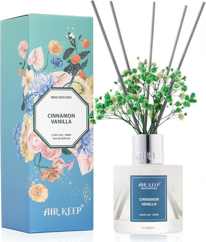 Reed Diffuser Set,3.38 fl oz (100 ml) - Cinnamon Vanilla Oil Diffusers with 8 Reed Sticks, Home Fragrance Reed Diffuser for