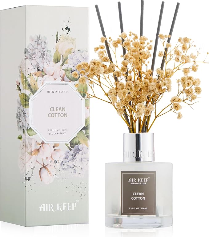 Reed Diffuser Set,3.38 fl oz (100 ml) - Clean Cotton Oil Diffusers with 8 Reed Sticks, Home Fragrance Reed Diffuser for