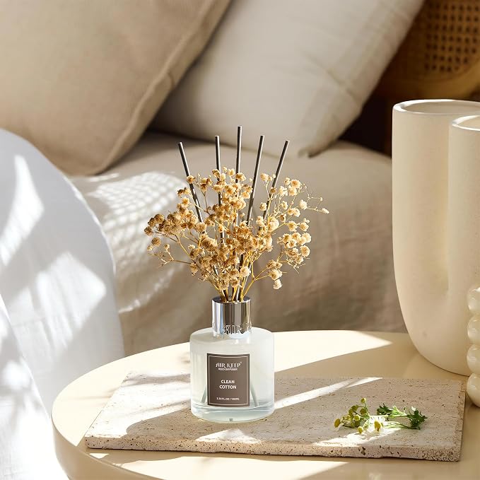 Reed Diffuser Set,3.38 fl oz (100 ml) - Clean Cotton Oil Diffusers with 8 Reed Sticks, Home Fragrance Reed Diffuser for