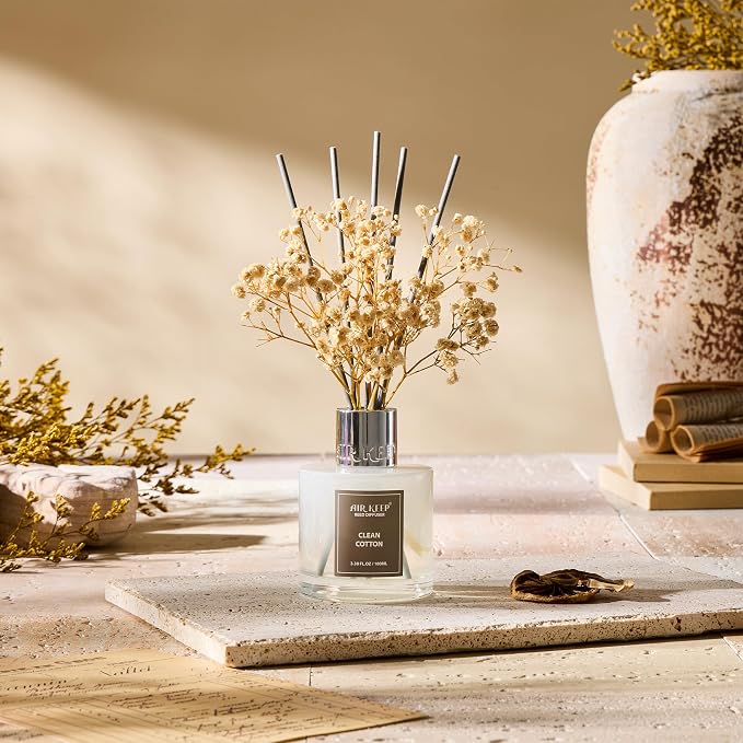 Reed Diffuser Set,3.38 fl oz (100 ml) - Clean Cotton Oil Diffusers with 8 Reed Sticks, Home Fragrance Reed Diffuser for