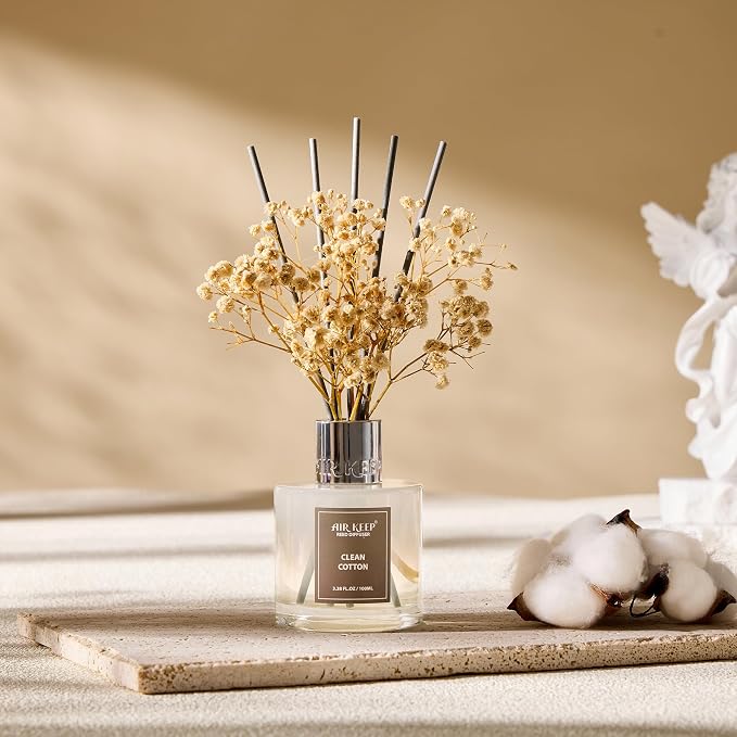 Reed Diffuser Set,3.38 fl oz (100 ml) - Clean Cotton Oil Diffusers with 8 Reed Sticks, Home Fragrance Reed Diffuser for