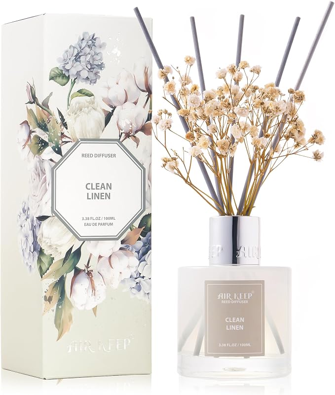 Reed Diffuser Set,3.38 fl oz (100 ml) - Clean Linen Oil Diffusers with 8 Reed Sticks, Home Fragrance Reed