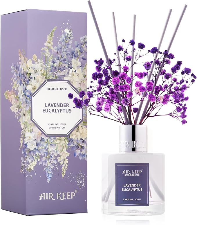 Reed Diffuser Set,3.38 fl oz (100 ml) - Lavender Eucalyptus Oil Diffusers with 8 Reed Sticks, Home Fragrance