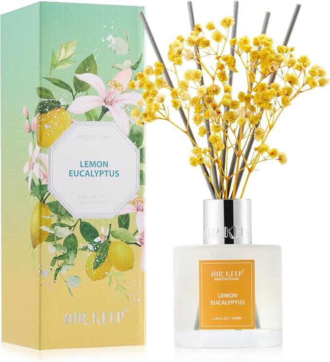 Reed Diffuser Set,3.38 fl oz (100 ml) - Lemon Eucalyptus Oil Diffusers with 8 Reed Sticks, Home Fragrance Reed Diffuser for