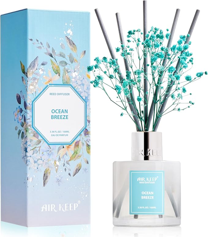 Reed Diffuser Set,3.38 fl oz (100 ml) - Ocean Breeze Oil Diffusers with 8 Reed Sticks, Home Fragrance Reed Diffuser for