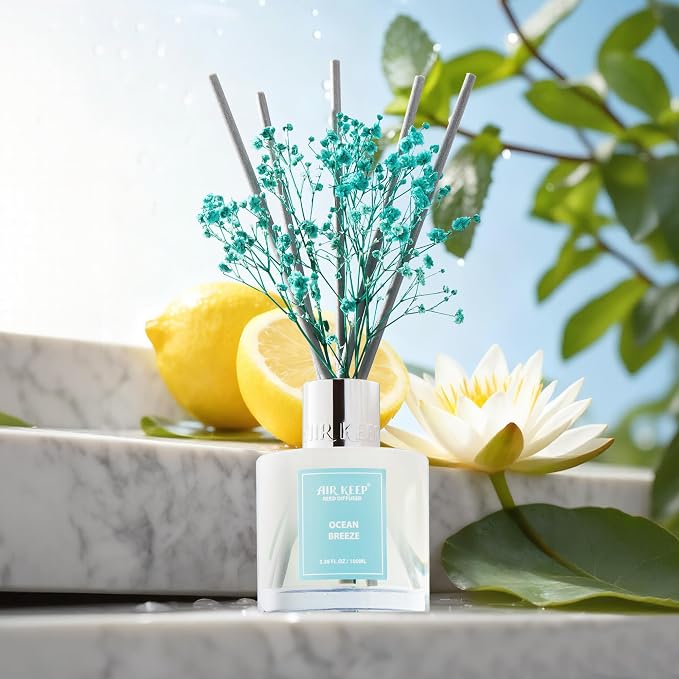 Reed Diffuser Set,3.38 fl oz (100 ml) - Ocean Breeze Oil Diffusers with 8 Reed Sticks, Home Fragrance Reed Diffuser for