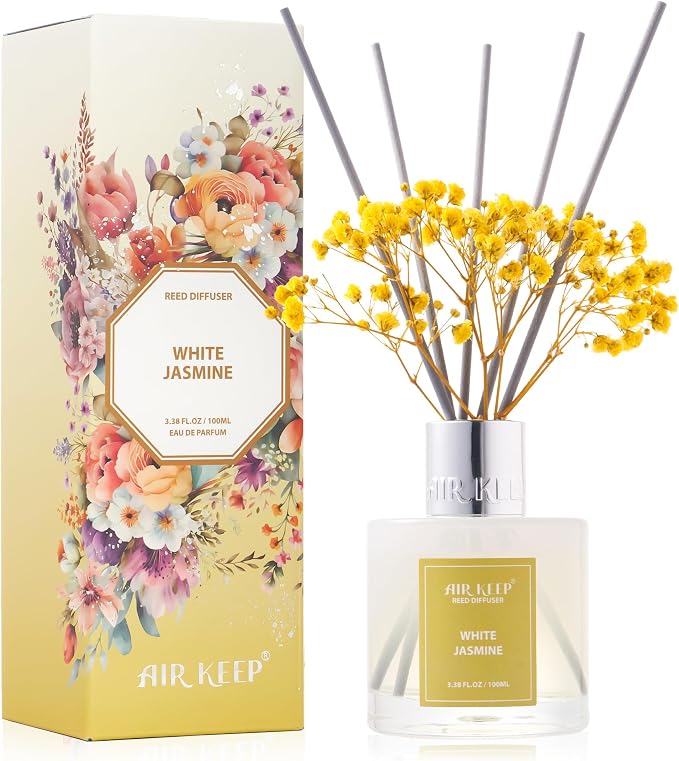 Reed Diffuser Set,3.38 fl oz (100 ml) - White Jasmine Oil Diffusers with 8 Reed Sticks, Home Fragrance Reed