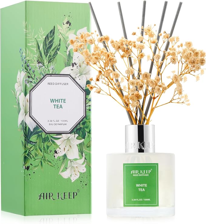Reed Diffuser Set,3.38 fl oz (100 ml) - White Tea Oil Diffusers with 8 Reed Sticks, Home Fragrance Reed Diffuser for Bathroom
