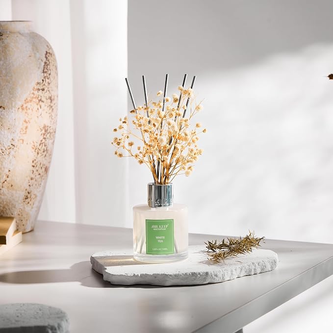Reed Diffuser Set,3.38 fl oz (100 ml) - White Tea Oil Diffusers with 8 Reed Sticks, Home Fragrance Reed Diffuser for Bathroom