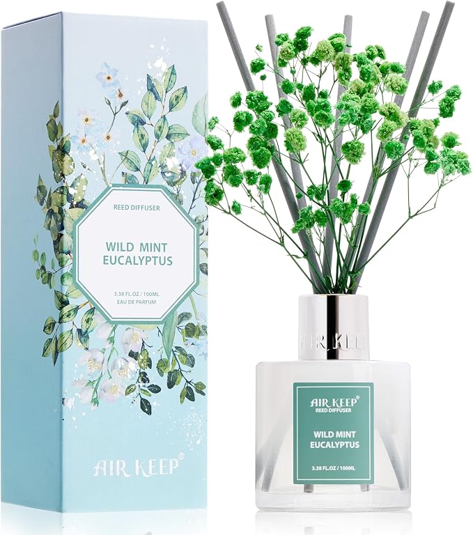 Reed Diffuser Set,3.38 fl oz (100 ml) - Wild Mint&Eucalyptus Oil Diffusers with 8 Reed Sticks, Home Fragrance
