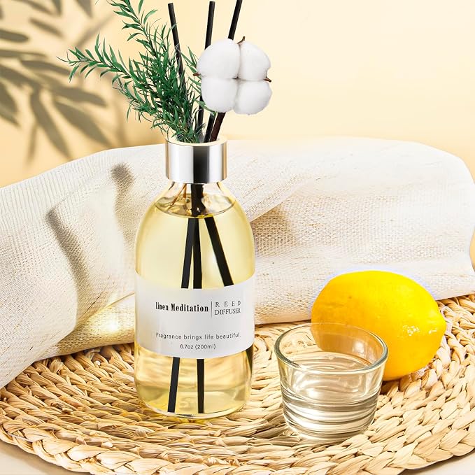 Reed Diffuser Set, 6.7 oz Linen Scented Diffuser with Sticks, Home Fragrance Reed Diffuser for Bathroom Shelf Decor, Linen