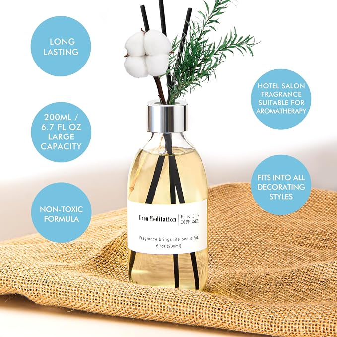 Reed Diffuser Set, 6.7 oz Linen Scented Diffuser with Sticks, Home Fragrance Reed Diffuser for Bathroom Shelf Decor, Linen