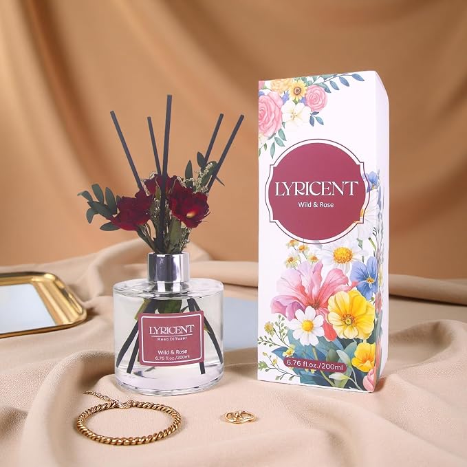 Reed Diffuser Set 6.7 oz Wild Rose Essential Oil Diffuser with 10 Diffuser Sticks for Bathroom Bookshelf Bedroom Office Decor