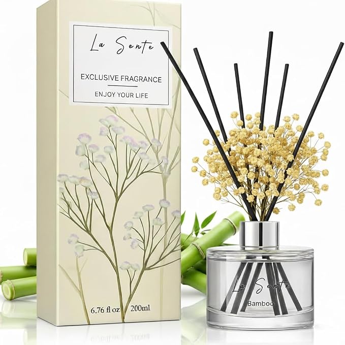 Reed Diffuser Set (6.7fl oz), Natural Bamboo Essential Oil Fragrance with Glass Bottle, Black Rattan Sticks & Preserved