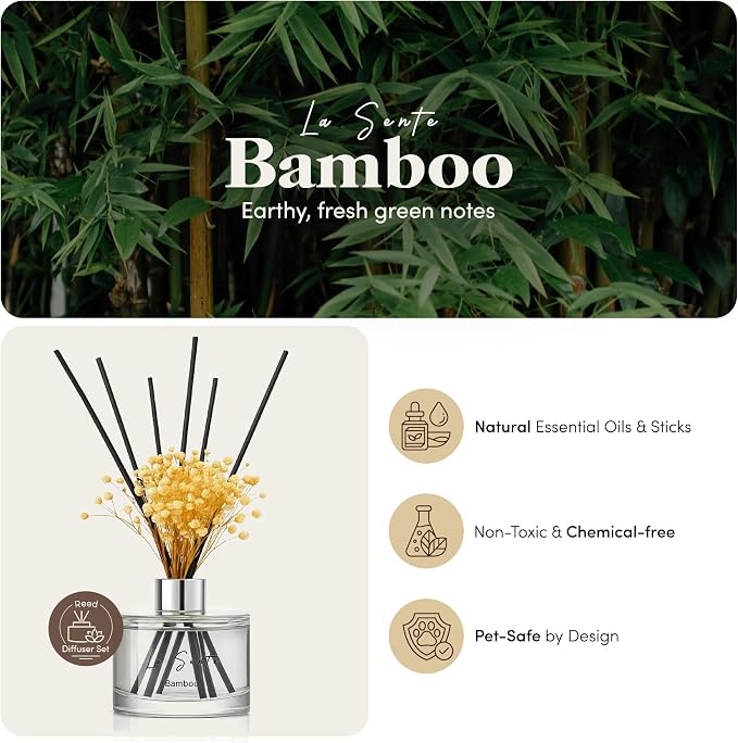 Reed Diffuser Set (6.7fl oz), Natural Bamboo Essential Oil Fragrance with Glass Bottle, Black Rattan Sticks & Preserved