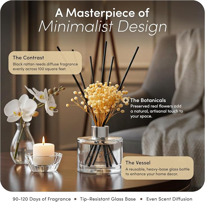 Reed Diffuser Set (6.7fl oz), Natural Bamboo Essential Oil Fragrance with Glass Bottle, Black Rattan Sticks & Preserved