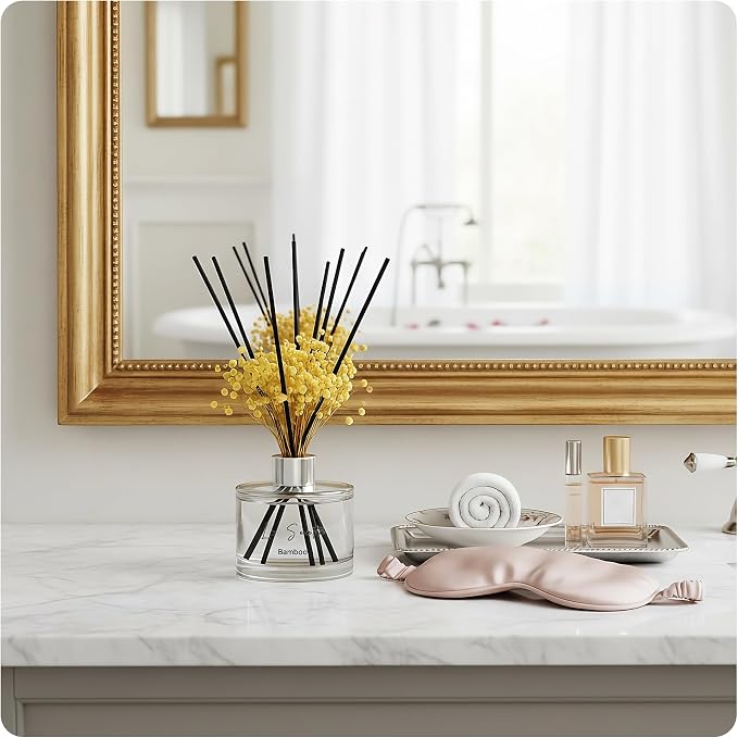 Reed Diffuser Set (6.7fl oz), Natural Bamboo Essential Oil Fragrance with Glass Bottle, Black Rattan Sticks & Preserved