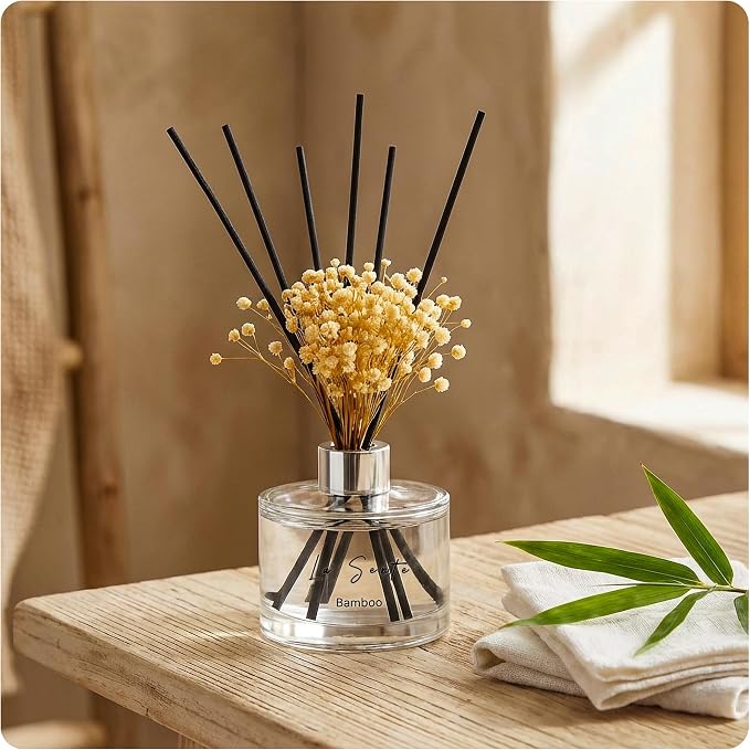 Reed Diffuser Set (6.7fl oz), Natural Bamboo Essential Oil Fragrance with Glass Bottle, Black Rattan Sticks & Preserved