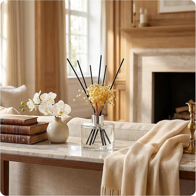 Reed Diffuser Set (6.7fl oz), Natural Bamboo Essential Oil Fragrance with Glass Bottle, Black Rattan Sticks & Preserved
