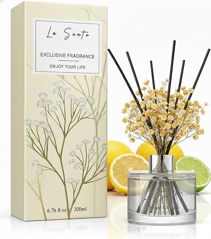 Reed Diffuser Set (6.7fl oz), Natural Bright Citrus Essential Oil Fragrance with Glass Bottle, Black Rattan Sticks &