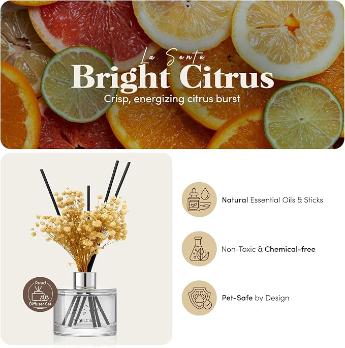 Reed Diffuser Set (6.7fl oz), Natural Bright Citrus Essential Oil Fragrance with Glass Bottle, Black Rattan Sticks &