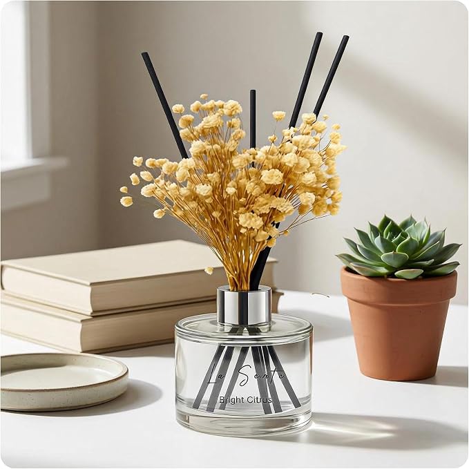 Reed Diffuser Set (6.7fl oz), Natural Bright Citrus Essential Oil Fragrance with Glass Bottle, Black Rattan Sticks &