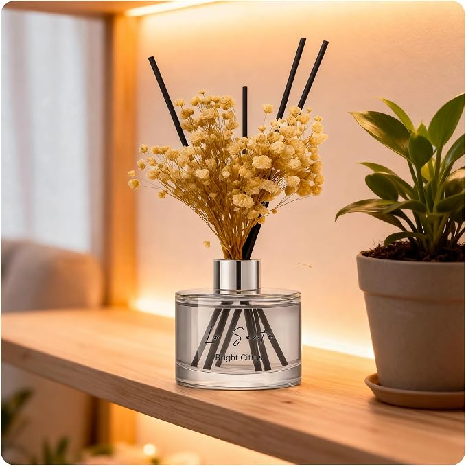 Reed Diffuser Set (6.7fl oz), Natural Bright Citrus Essential Oil Fragrance with Glass Bottle, Black Rattan Sticks &