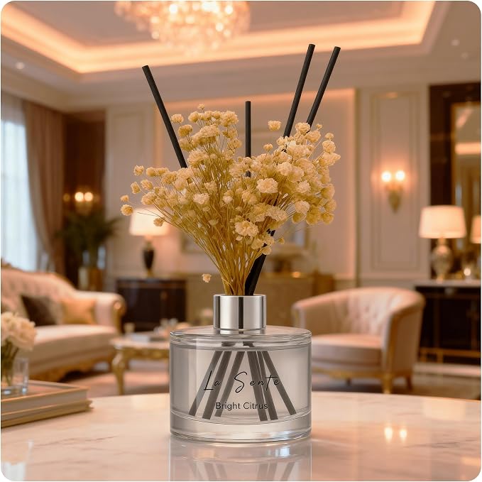Reed Diffuser Set (6.7fl oz), Natural Bright Citrus Essential Oil Fragrance with Glass Bottle, Black Rattan Sticks &