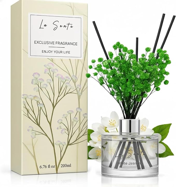 Reed Diffuser Set (6.7fl oz), Natural White Jasmine Essential Oil Fragrance with Glass Bottle, Black Rattan Sticks &