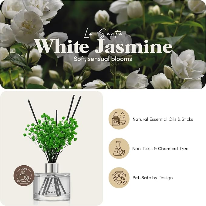 Reed Diffuser Set (6.7fl oz), Natural White Jasmine Essential Oil Fragrance with Glass Bottle, Black Rattan Sticks &