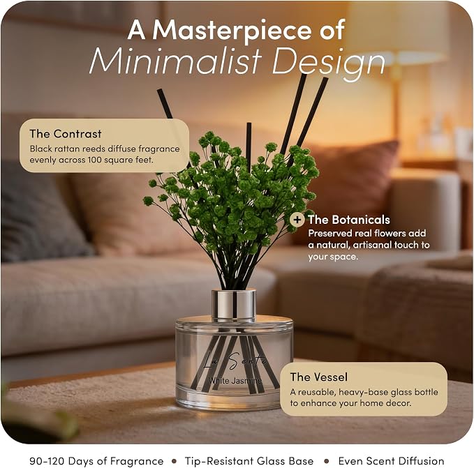 Reed Diffuser Set (6.7fl oz), Natural White Jasmine Essential Oil Fragrance with Glass Bottle, Black Rattan Sticks &
