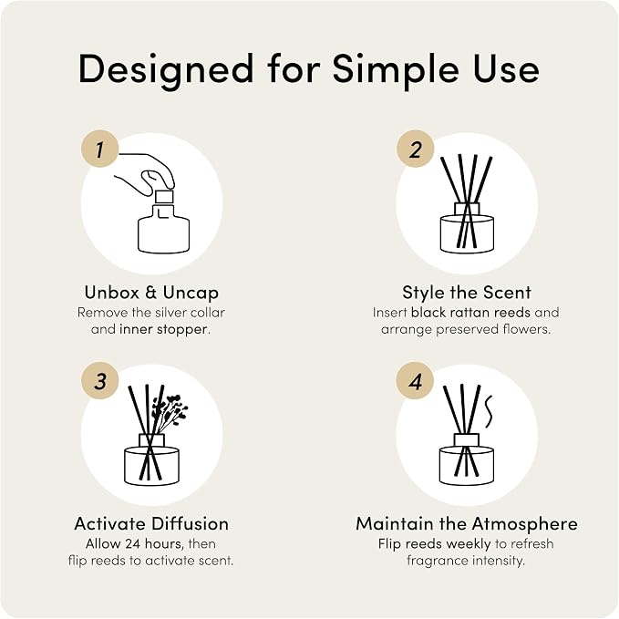 Reed Diffuser Set (6.7fl oz), Natural White Jasmine Essential Oil Fragrance with Glass Bottle, Black Rattan Sticks &