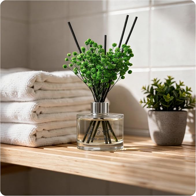 Reed Diffuser Set (6.7fl oz), Natural White Jasmine Essential Oil Fragrance with Glass Bottle, Black Rattan Sticks &