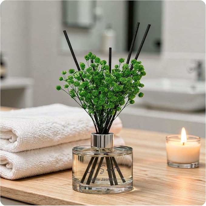Reed Diffuser Set (6.7fl oz), Natural White Jasmine Essential Oil Fragrance with Glass Bottle, Black Rattan Sticks &