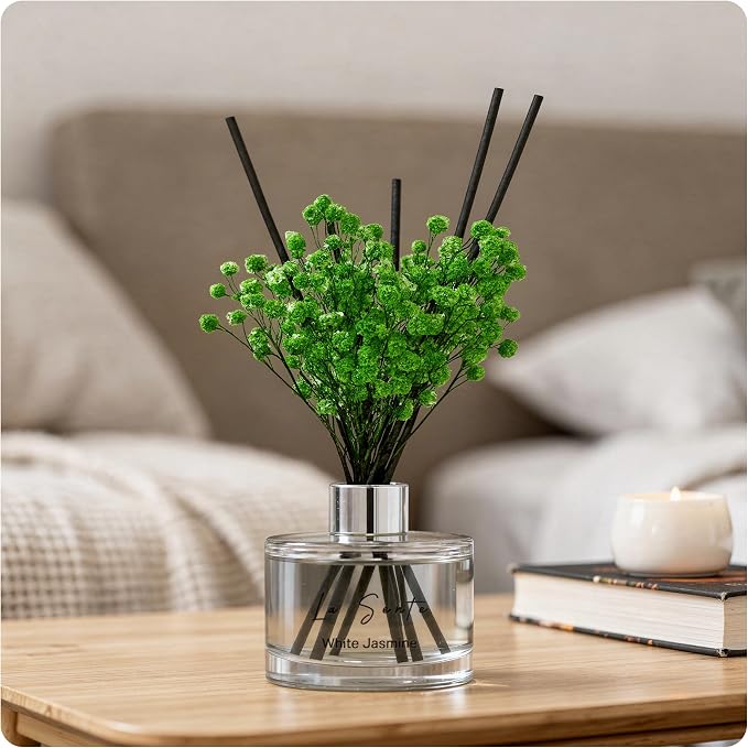 Reed Diffuser Set (6.7fl oz), Natural White Jasmine Essential Oil Fragrance with Glass Bottle, Black Rattan Sticks &