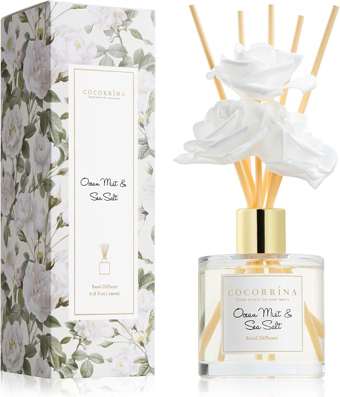 Reed Diffuser Set,6.7oz (200ml) Ocean Mist & Sea Salt Scented Diffuser with 3 White Rose Foam Flowers & Cotton Sticks