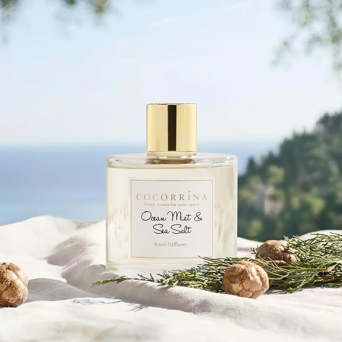 Reed Diffuser Set,6.7oz (200ml) Ocean Mist & Sea Salt Scented Diffuser with 3 White Rose Foam Flowers & Cotton Sticks