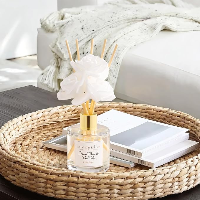 Reed Diffuser Set,6.7oz (200ml) Ocean Mist & Sea Salt Scented Diffuser with 3 White Rose Foam Flowers & Cotton Sticks