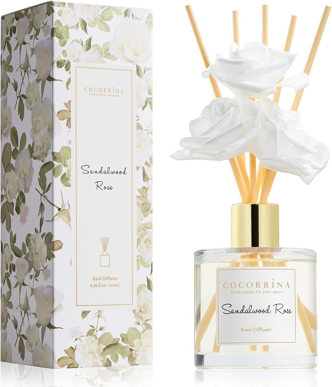 Reed Diffuser Set,6.7oz (200ml) Sandalwood Rose Scented Diffuser with 3 White Rose Foam Flowers & Cotton Sticks, product