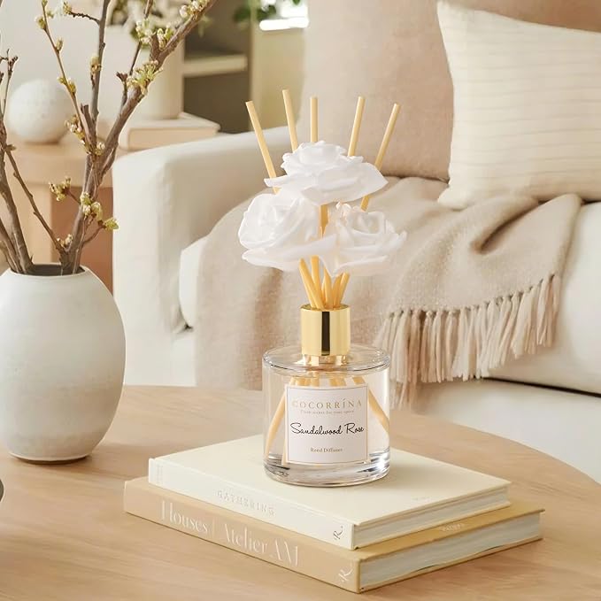 Reed Diffuser Set,6.7oz (200ml) Sandalwood Rose Scented Diffuser with 3 White Rose Foam Flowers & Cotton Sticks, alternate