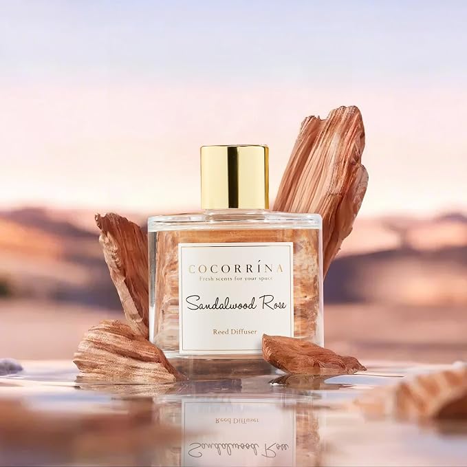 Reed Diffuser Set,6.7oz (200ml) Sandalwood Rose Scented Diffuser with 3 White Rose Foam Flowers & Cotton Sticks, alternate