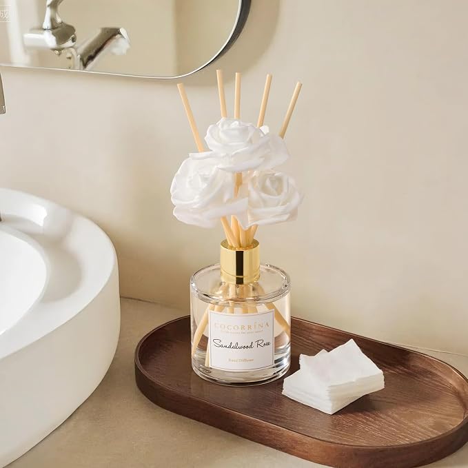 Reed Diffuser Set,6.7oz (200ml) Sandalwood Rose Scented Diffuser with 3 White Rose Foam Flowers & Cotton Sticks, alternate