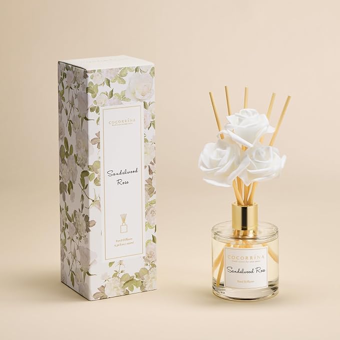 Reed Diffuser Set,6.7oz (200ml) Sandalwood Rose Scented Diffuser with 3 White Rose Foam Flowers & Cotton Sticks, alternate