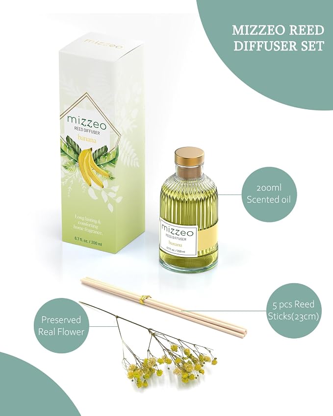 Reed Diffuser Set, Banana 6.76 fl oz Highly Scented Room Diffuser Home Fragrance Essential Oil Reed Flower Diffuser