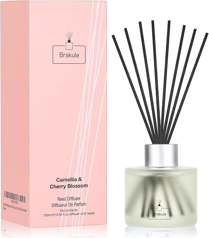 Reed Diffuser Set, Camellia & Cherry Blossom Scented Oil Diffusers with 8 Sticks for Rome & Office Decor, 3.4 oz/100 ml