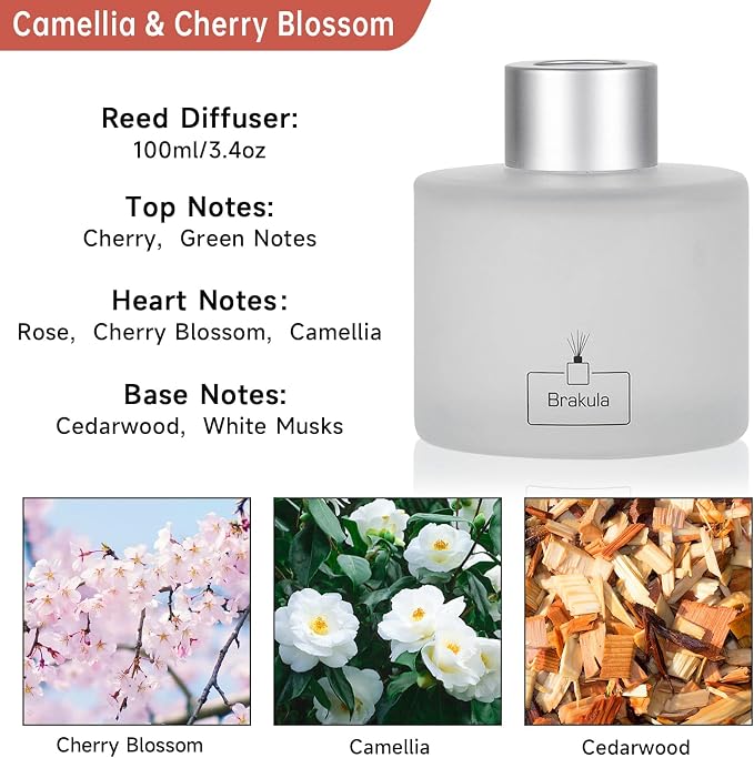 Reed Diffuser Set, Camellia & Cherry Blossom Scented Oil Diffusers with 8 Sticks for Rome & Office Decor, 3.4 oz/100 ml
