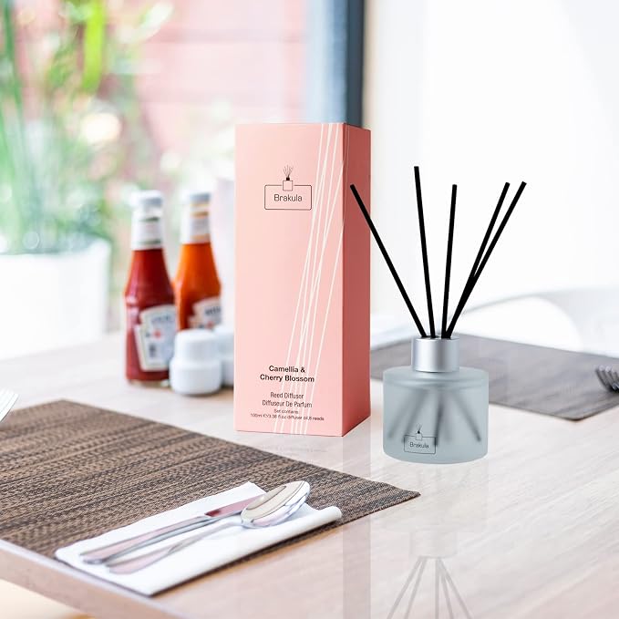 Reed Diffuser Set, Camellia & Cherry Blossom Scented Oil Diffusers with 8 Sticks for Rome & Office Decor, 3.4 oz/100 ml