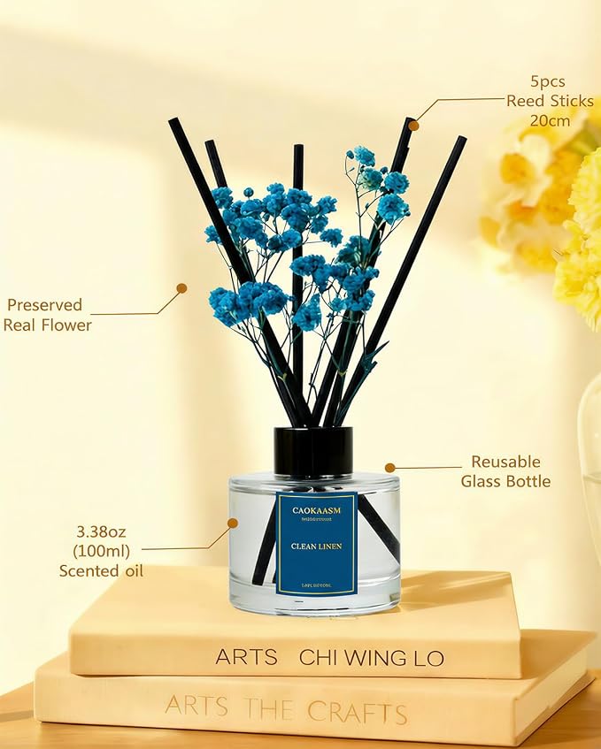 Reed Diffuser Set-Clean Linen Scent Fragrance Oil Diffuser with 6 Reed Sticks | Home & Bedroom Bathroom Decor,3.38 fl oz