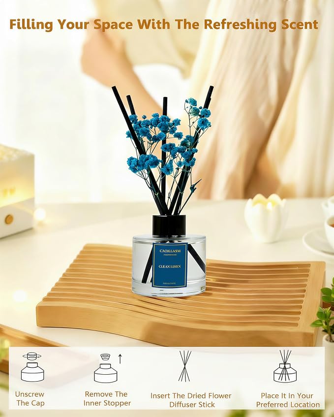 Reed Diffuser Set-Clean Linen Scent Fragrance Oil Diffuser with 6 Reed Sticks | Home & Bedroom Bathroom Decor,3.38 fl oz